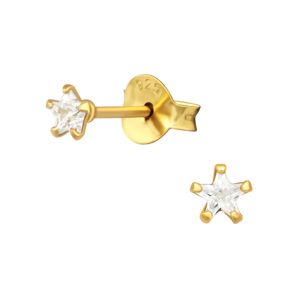 Alap stift csillag formájú köves 24k aranyozott kislány fülbevaló 925 ezüst - 3mm