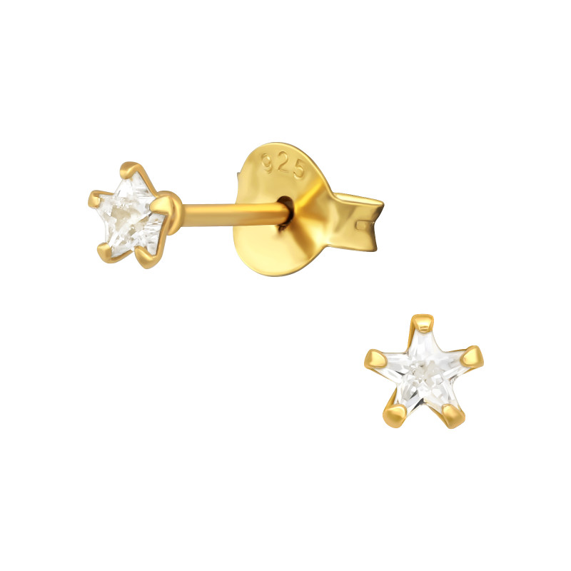 Alap stift csillag formájú köves 24k aranyozott kislány fülbevaló 925 ezüst - 3mm