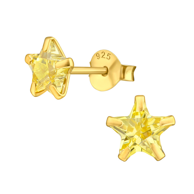 Alap stift csillag köves 24k aranyozott lány fülbevaló 925 ezüst - 6mm