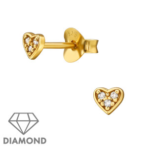 Szív gyerek gyémánt fülbevaló, 925 ezüst + 24k aranyozott