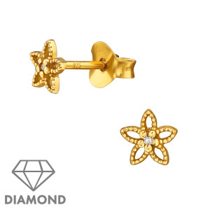 Virág gyerek gyémánt fülbevaló, 925 ezüst + 24k aranyozott