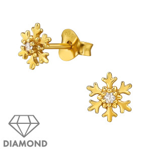 Hópehely gyerek gyémánt fülbevaló, 925 ezüst + 24k aranyozott