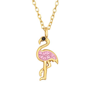 Flamingó, rózsaszín kristály, aranyozott ezüst tini lány nyaklánc, 45 cm