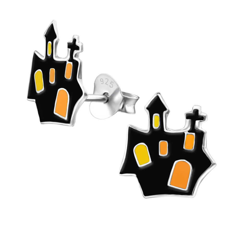 Drakula kastélya ezüst gyerek fülbevaló, Halloweeni Drakula kastélya ezüst gyerek fülbevaló, Halloweeni