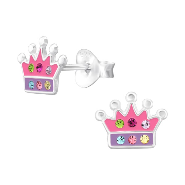 Színes korona gyerek fülbevaló, stift, kristály, 925 ezüst, 1 pár Színes korona gyerek fülbevaló, stift, kristály, 925 ezüst, 1 pár