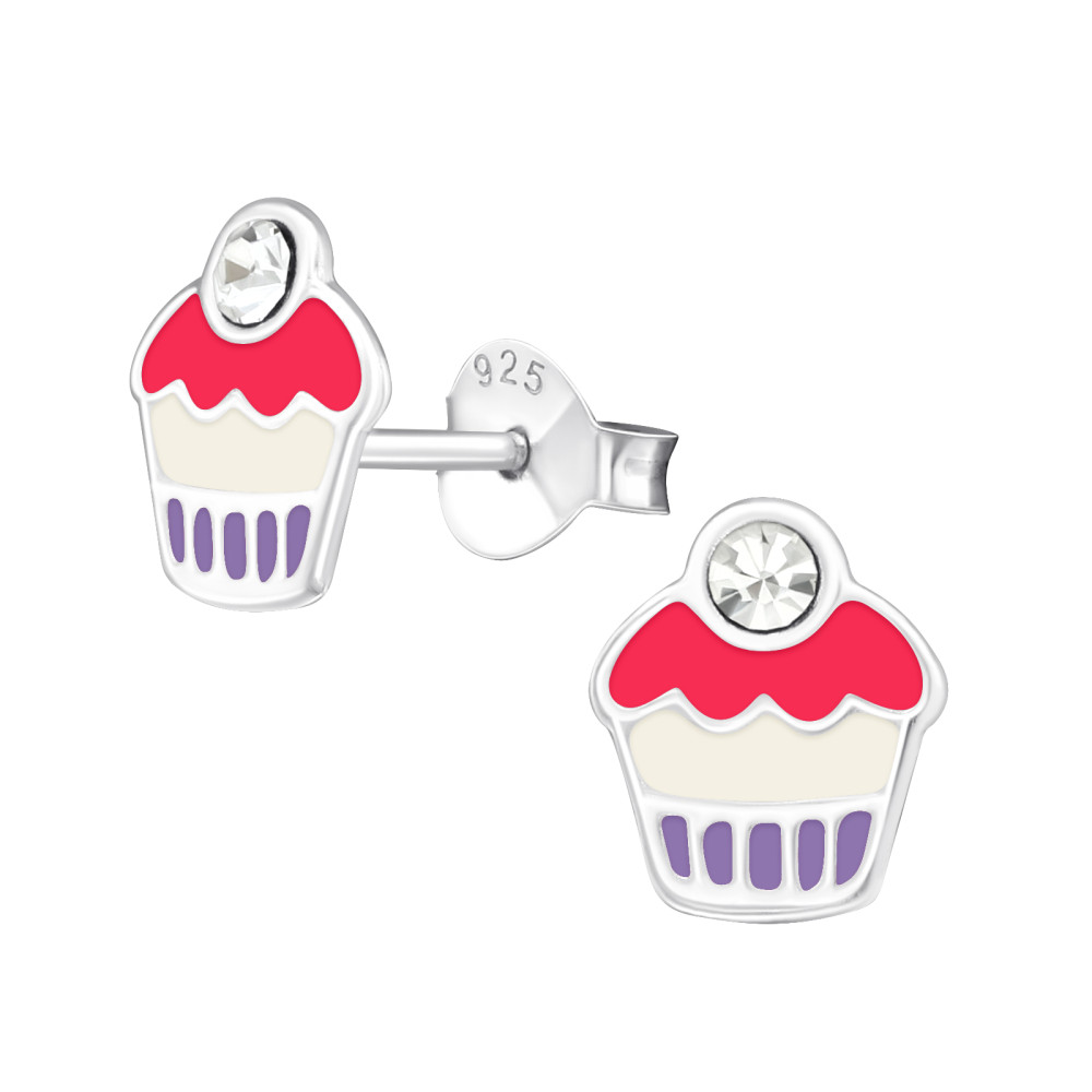 cupcake kislány fülbevaló, stift, színes, 925 ezüst - sokszínű, Fehér cupcake kislány fülbevaló, stift, színes, 925 ezüst - sokszínű, Fehér