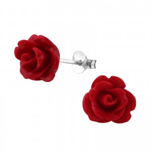 3D rózsa, piros kislány fülbevaló, stift, színes, 925 ezüst, 1 pár