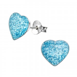 Csillámos kék szív kislány fülbevaló, stift, színes, 925 ezüst, 1 pár