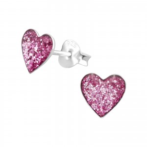 Csillámos pink szív kislány fülbevaló, stift, színes, 925 ezüst, 1 pár