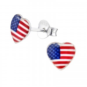 Amerikai zászlós Szív kislány fülbevaló, stift, színes, 925 ezüst, 1 pár