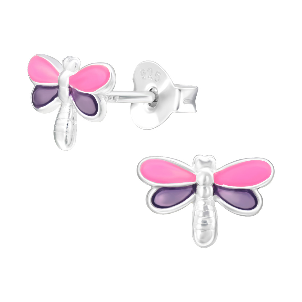 Szitakötő pink lila lányos fülbevaló, stift, színes, 925 ezüst