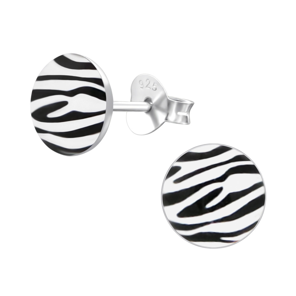 Kerek zebra mintás kislány fülbevaló, stift, színes, 925 ezüst