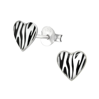 Szív zebra mintás lány fülbevaló, stift, színes, 925 ezüst