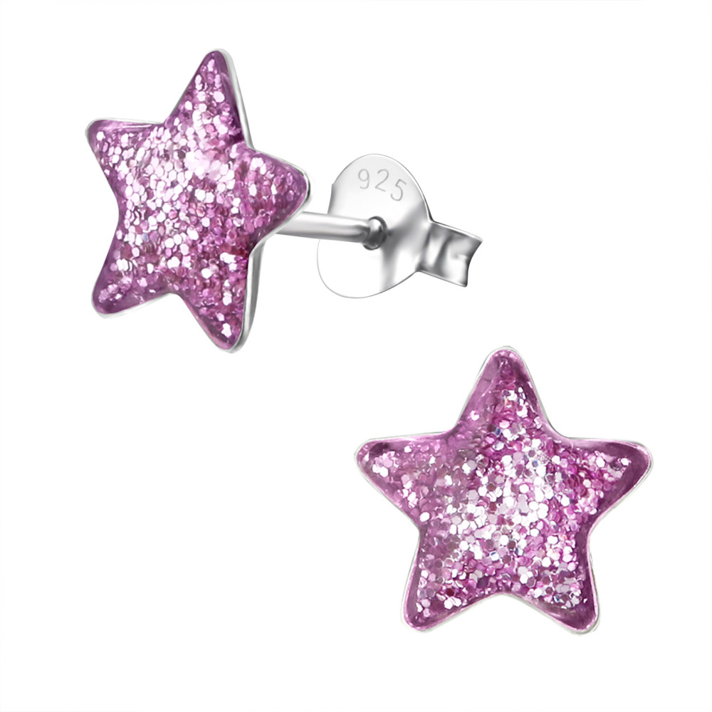 Glitteres csillagos ezüst kislány fülbevaló, nagy, kék