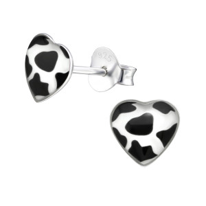 Tehén foltos Szív kislány fülbevaló, stift, színes, 925 ezüst