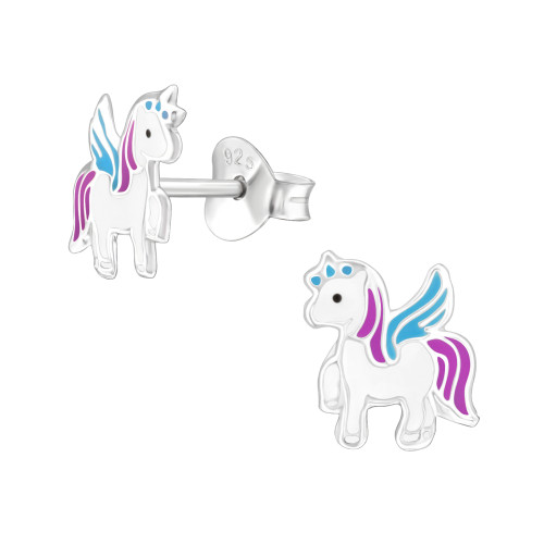 Unikornis, lila, pink ezüst stift gyerekfülbevaló