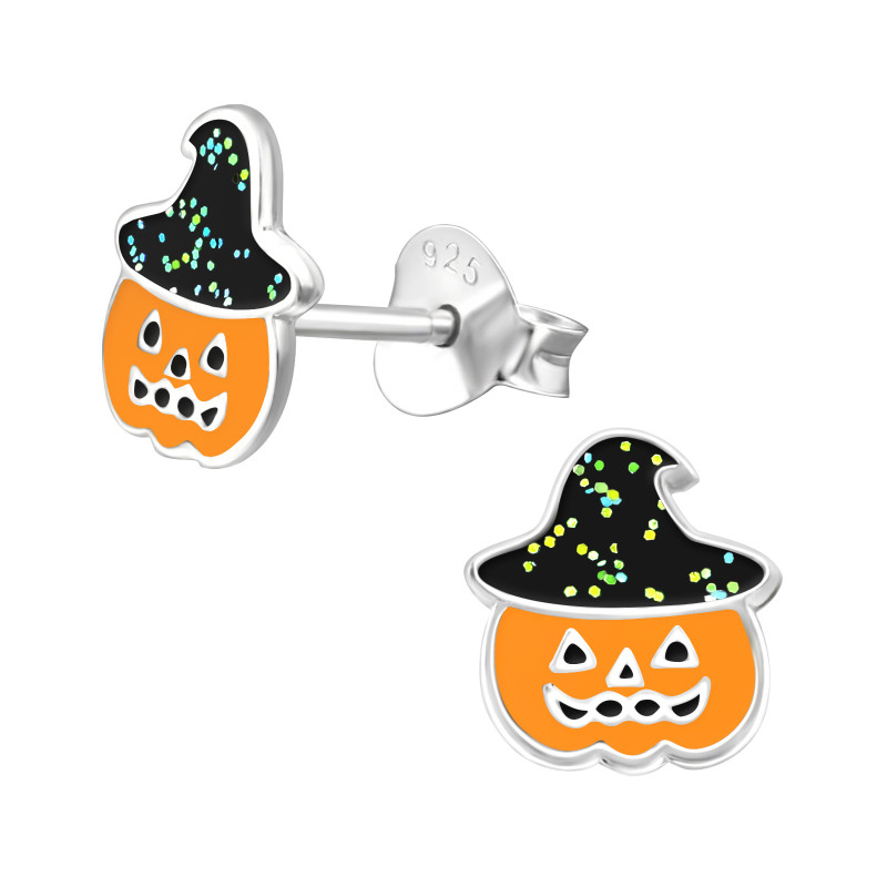 Halloweeni Tök csillámokkal kislány fülbevaló, stift, színes, 925 ezüst