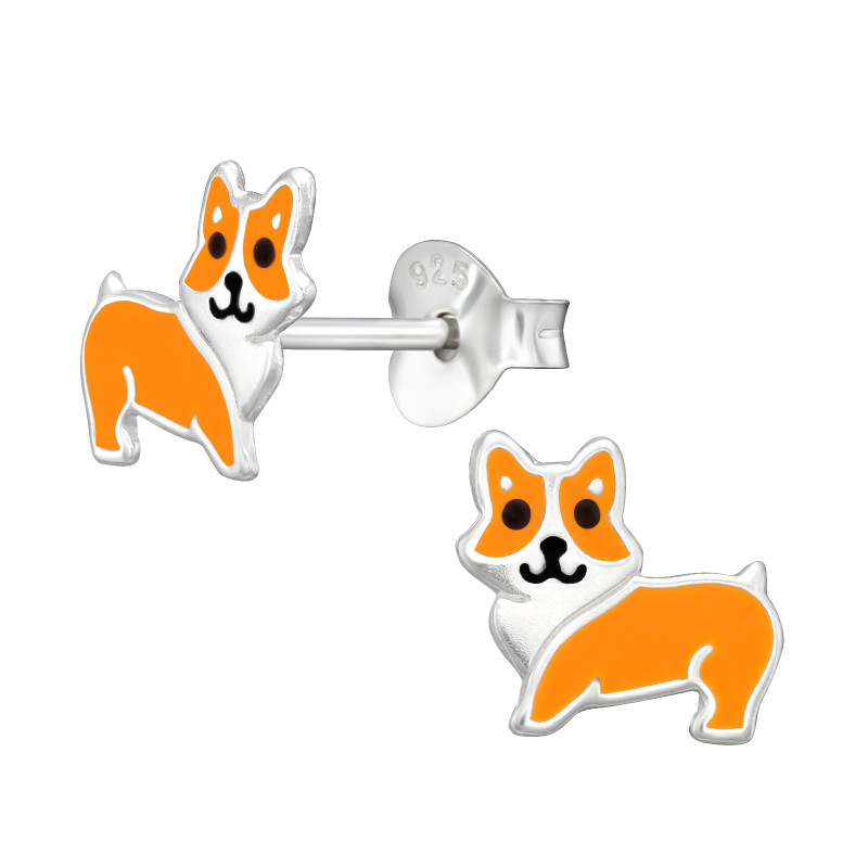 Corgie kutyás gyerek fülbevaló, stift, színes, 925 ezüst
