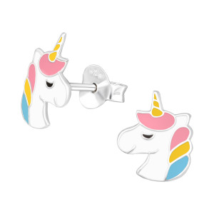 Unikornis fej lányos fülbevaló, stift, színes, 925 ezüst