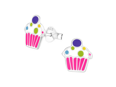 Cupcake kislány fülbevaló, stift, színes, 925 ezüst - Lila, Rózsaszín