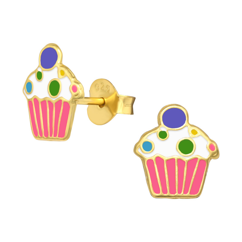 cupcake aranyozott kislány fülbevaló, stift, színes, 925 ezüst