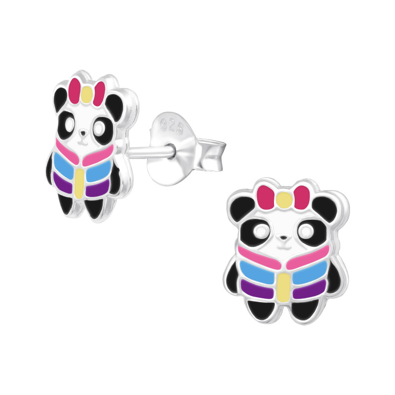 Pandamackó lányos fülbevaló, stift, színes, 925 ezüst