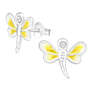 Sárga szitakötő kislány fülbevaló, stift, színes, 925 ezüst