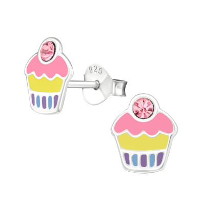 Rózsaszín cupcake kislány fülbevaló, stift, színes, 925 ezüst