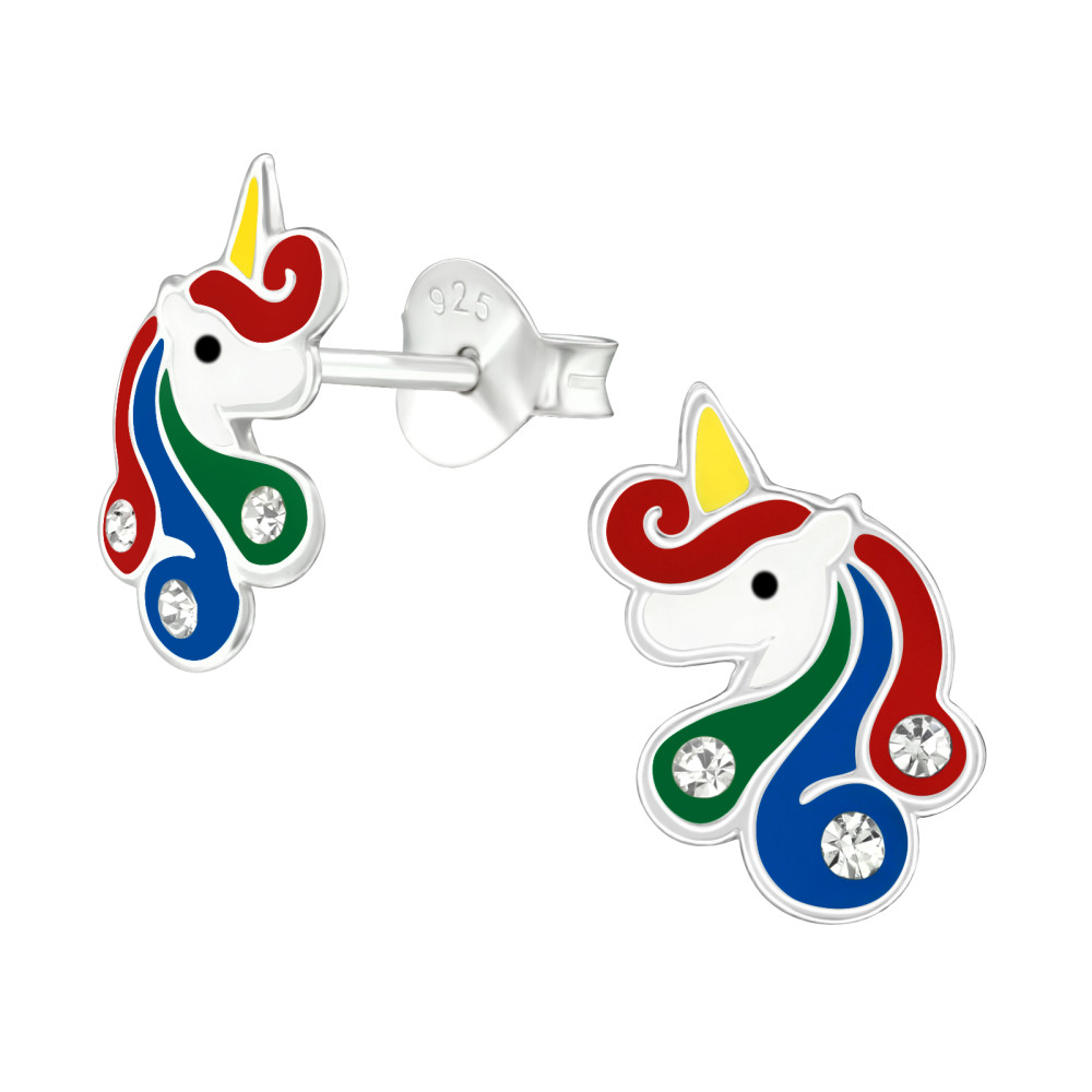 Unikornis, kék, piros, zöld kislány fülbevaló, stift, színes, 925 ezüst Unikornis, kék, piros, zöld kislány fülbevaló, stift, színes, 925 ezüst