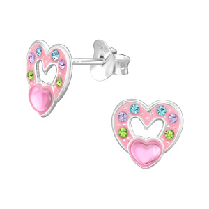 Szív keretes gyerek fülbevaló, stift, színes, 925 ezüst