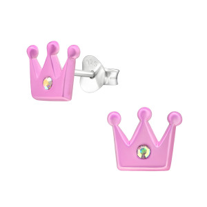 Pink koronás gyerek fülbevaló, stift, kristály, 925 ezüst
