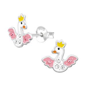 Hattyú koronával gyerek stift kristály fülbevaló 925 ezüst