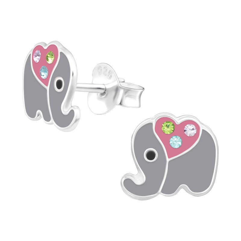 Elefántos lányos fülbevaló, stift, színes, 925 ezüst