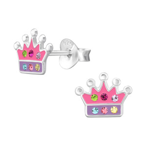 Színes korona gyerek fülbevaló, stift, kristály, 925 ezüst