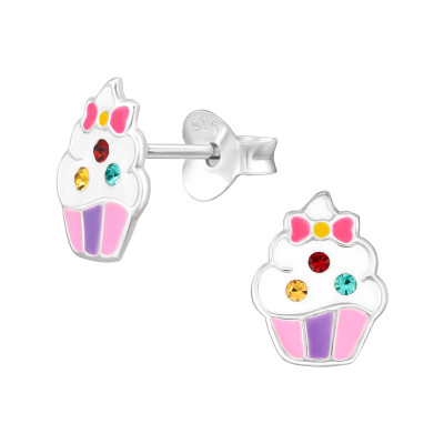 cupcake rózsaszín, színes kristályos ezüst stift lány fülbevaló