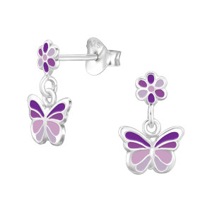 Lógó pillangó, lila gyerek stift dizájn fülbevaló, 925 ezüst