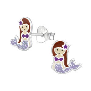 Hableány lila kislány fülbevaló, ezüst, csillámos gyerek ékszer