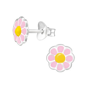 Rózsaszín virágos kislány fülbevaló, stift, színes, 925 ezüst