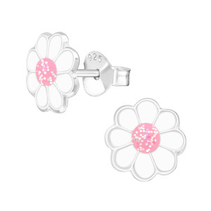 Margaréta virágos kislány fülbevaló, ezüst, pink