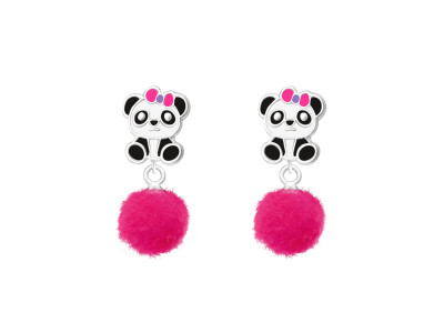 Pandamackó Pomponnal kislány fülbevaló, stift, színes, 925 ezüst