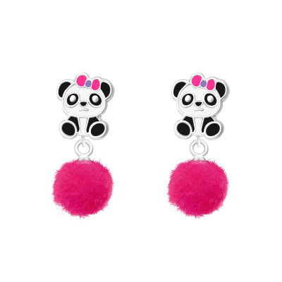 Pandamackó Pomponnal kislány fülbevaló, stift, színes, 925 ezüst
