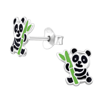 Pandamackó bambusszal gyerek fülbevaló, stift, színes, 925 ezüst