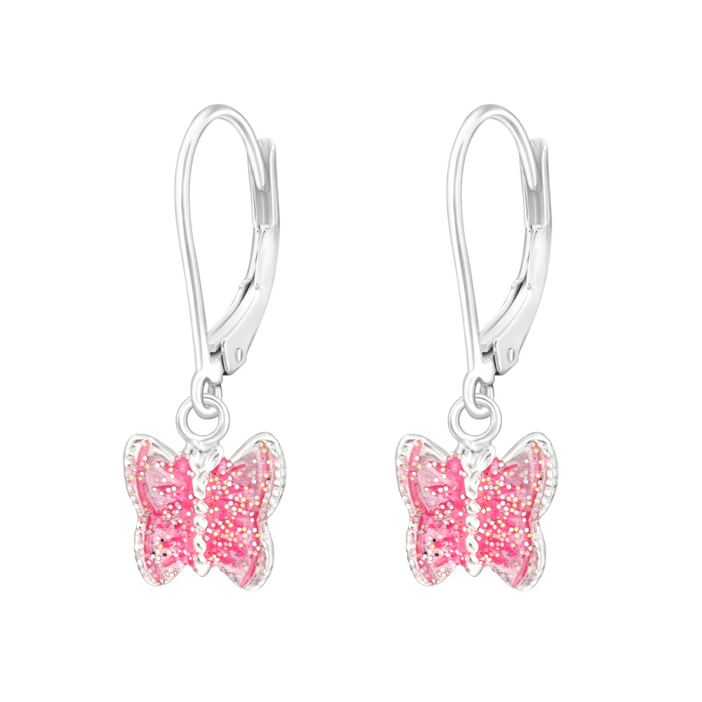 Pink pillangó gyerek fülbevaló, francia kapcsos, 925 ezüst