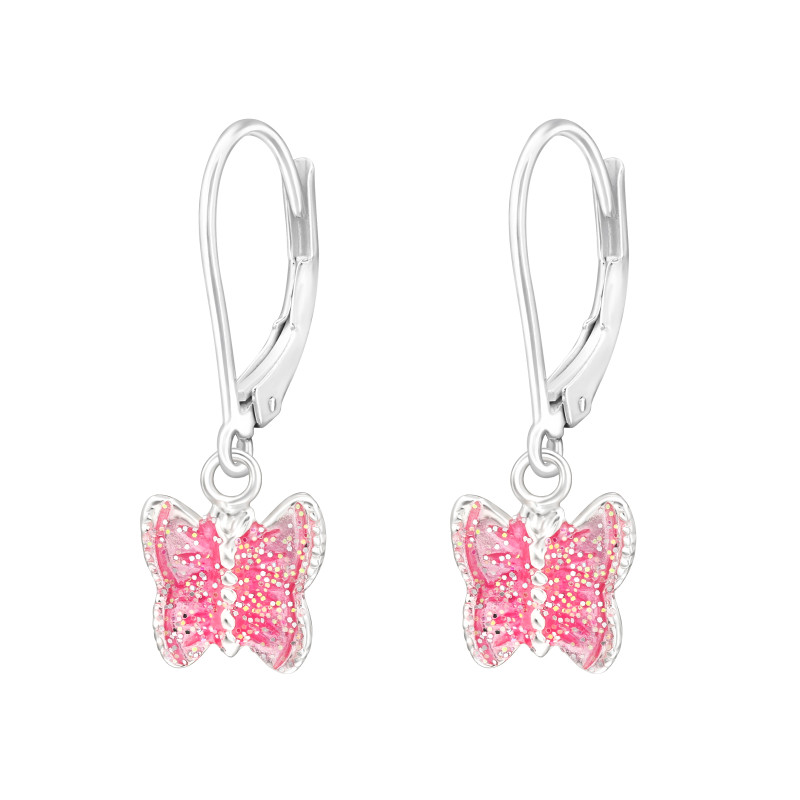 Pink pillangó gyerek fülbevaló, francia kapcsos, 925 ezüst