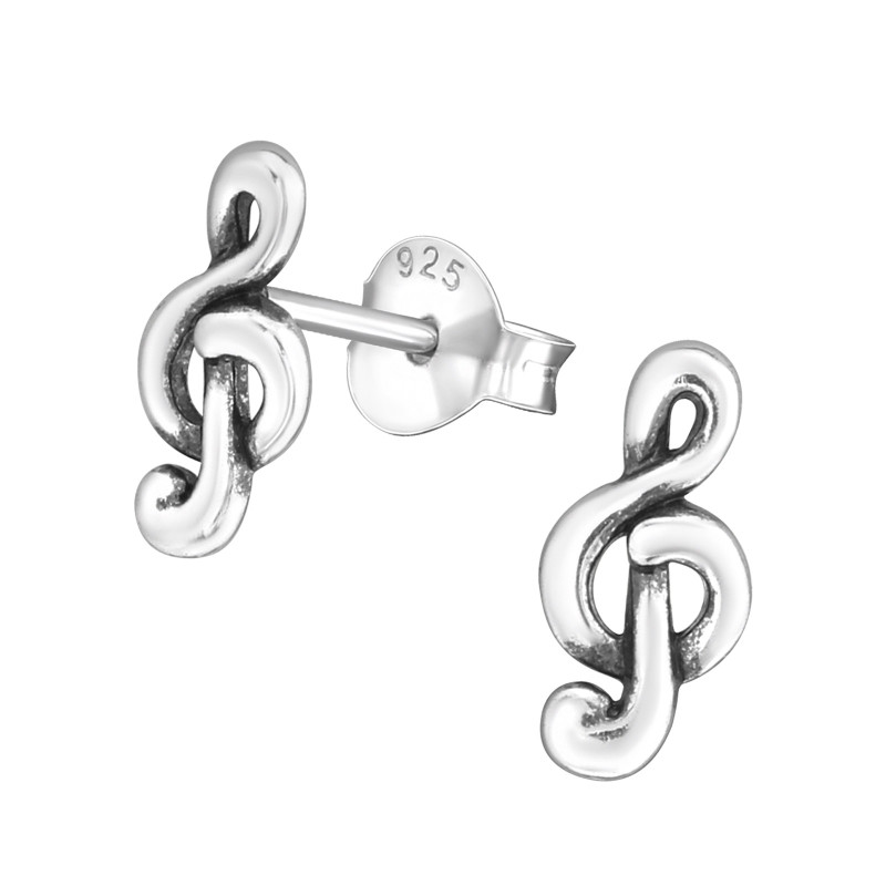 Violinkulcs, oxidált gyerek fülbevaló, stift, egyszínű, 925 ezüst