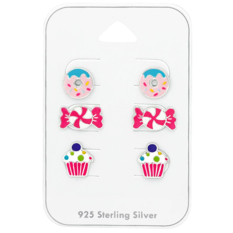 Fánk, cukor, Cupcake gyerek ékszer szett, stift fülbevaló szett, 925 ezüst