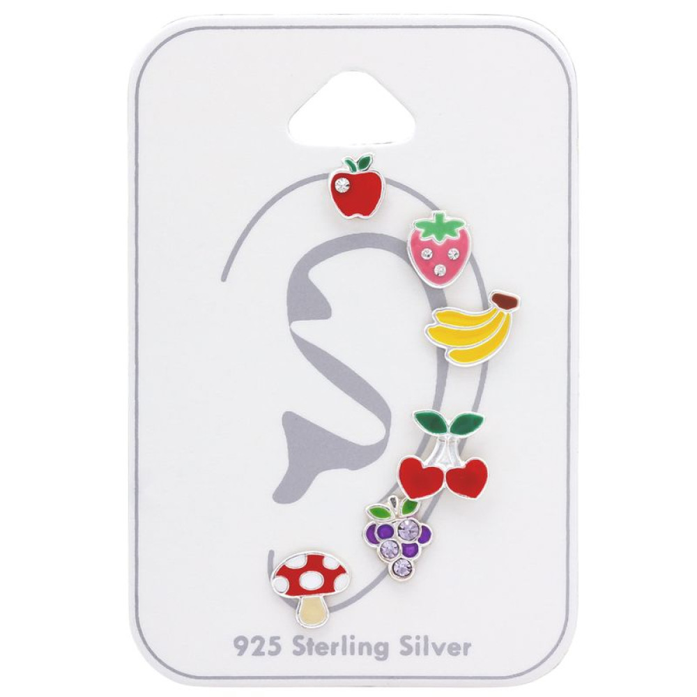 Alma, eper, banán, cseresznye, szőlő, gomba gyerek ékszer szett, stift fülbevaló szett, 925 ezüst, 6 db