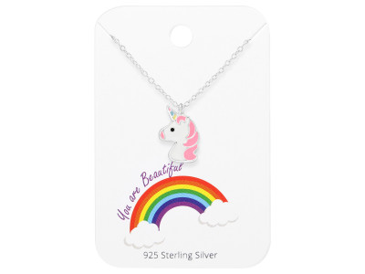 Pink egyszarvús gyerek ékszer szett, nyaklánc szett, 925 ezüst, kártyán
