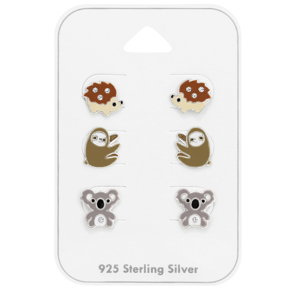 Lajhár, Koala, Sün gyerek prémium ezüst stift fülbevaló szett / 3 pár Lajhár, Koala, Sün gyerek prémium ezüst stift fülbevaló szett / 3 pár