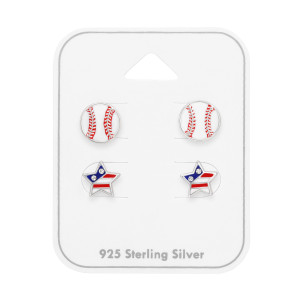 Baseball labda, USA csillag gyerek ezüst ékszer szett - 2 pár fülbevaló
